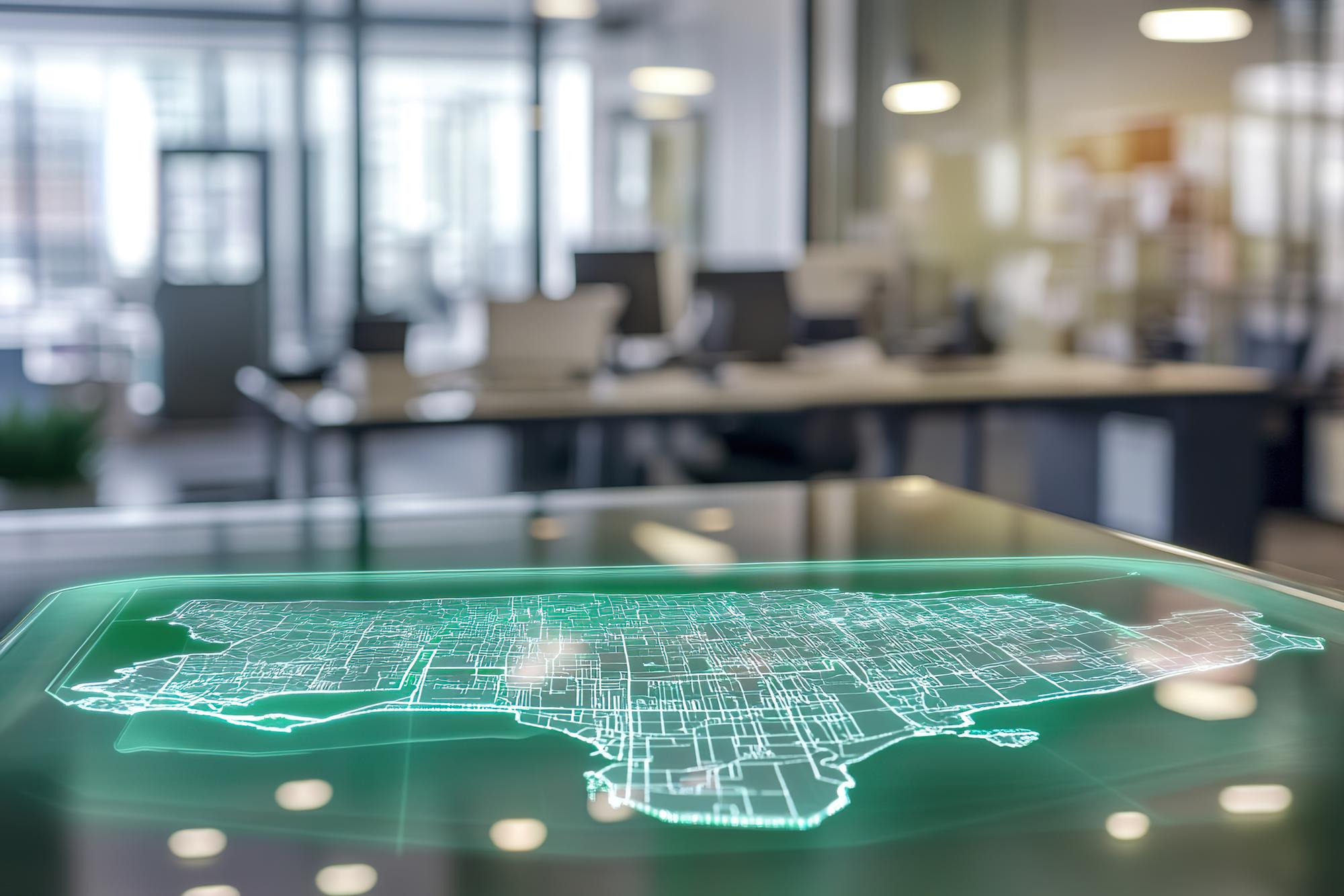 Compact modern office with holographic city map