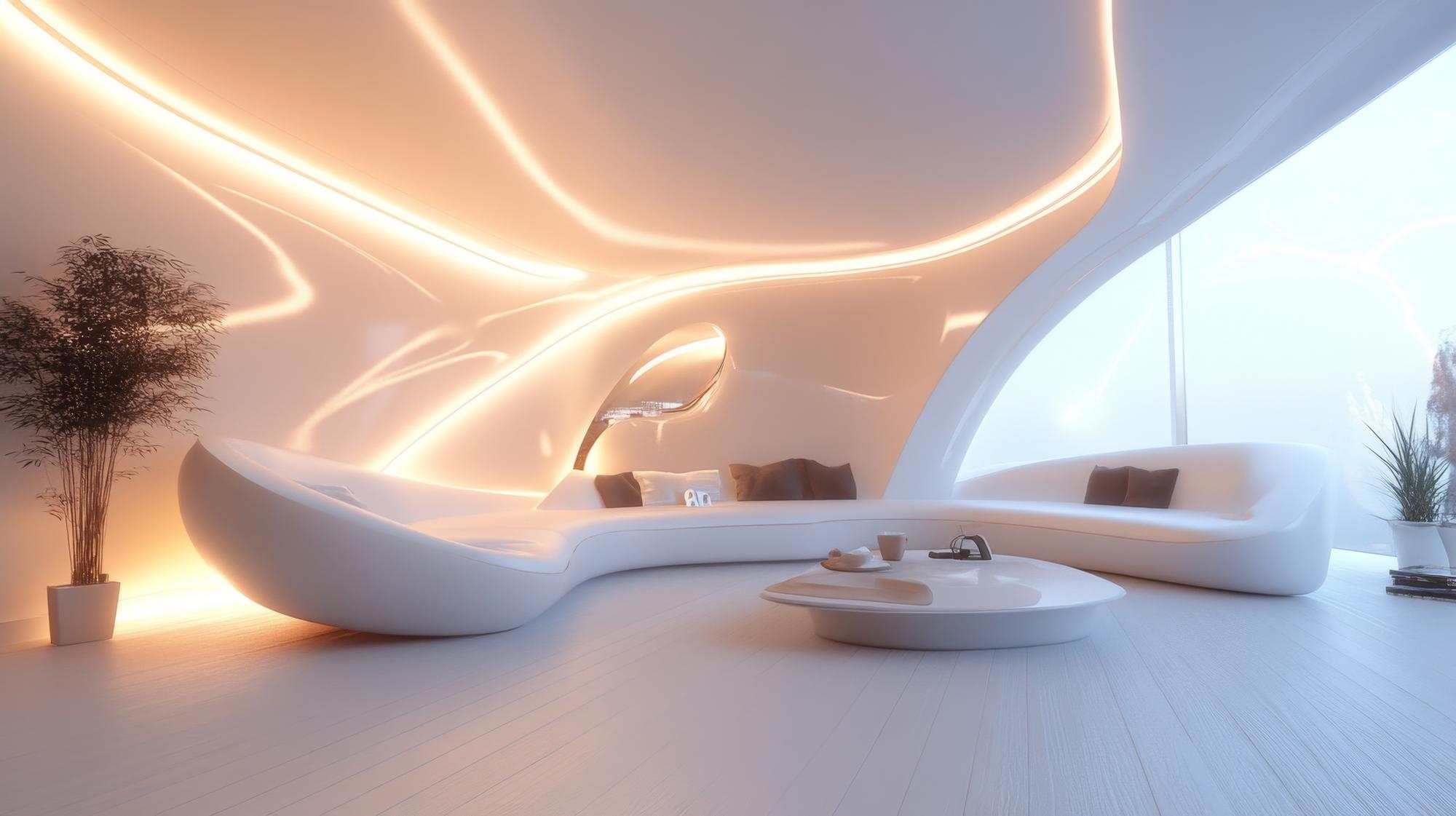 Staged living room with soft futuristic lighting