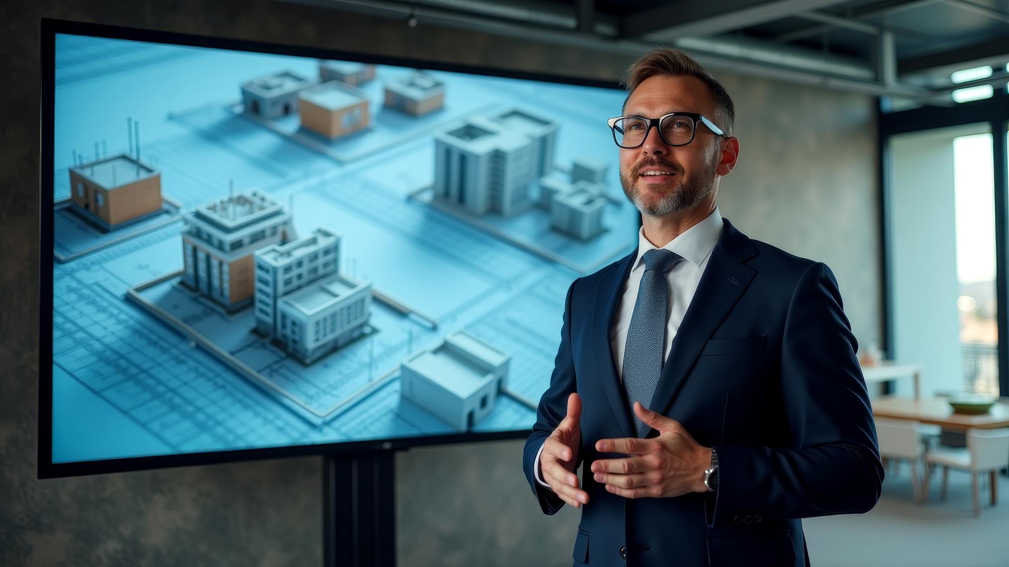Founder presenting apartment data on transparent panel